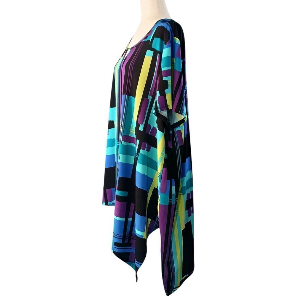 CATO Asymmetrical Blouse Bold Geometric Short Sleeve Jewel Tone Plus Size 3X - Picture 3 of 9